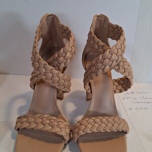 Braided Strap Tan Block Heel Sandals